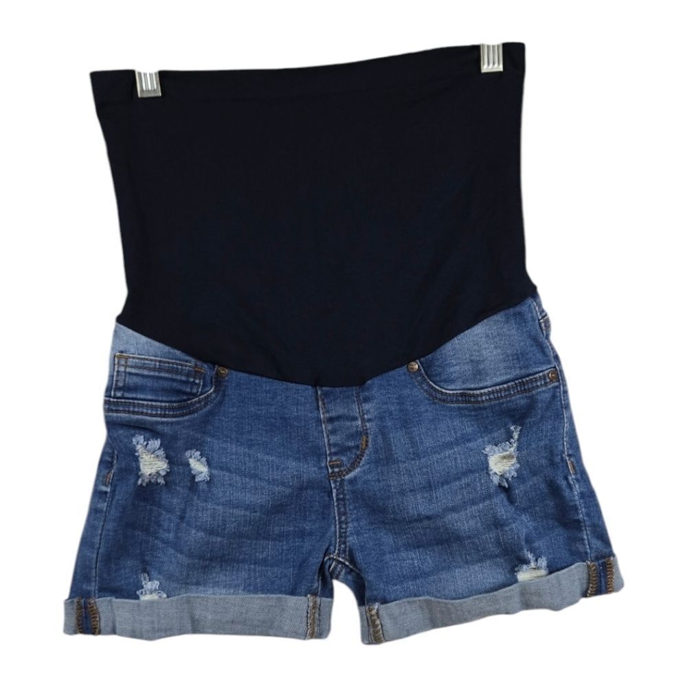 Maternity Blue Jean Shorts Full Belly Band Midi Cuffed Holey Distressed Denim S